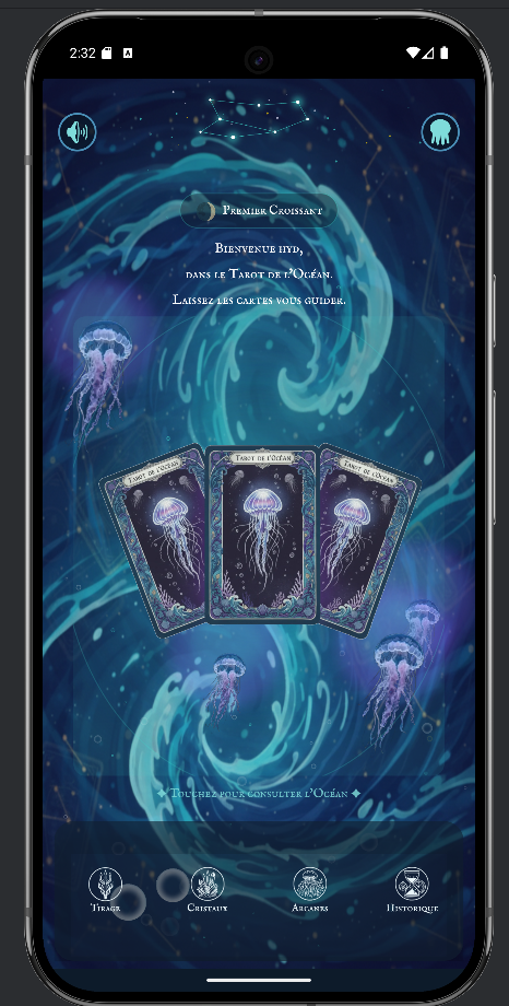 Écran d'accueil de l'application Tarot de l'Océan
